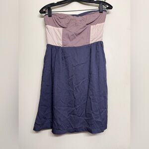 Strapless Colorblock Midi Dress – Blue & Mauve – Smocked Back – Zip Closure